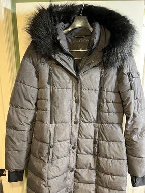 Nautica Women's Charcoal Quilted Puffer Coat with Black Faux Fur Hood Trim